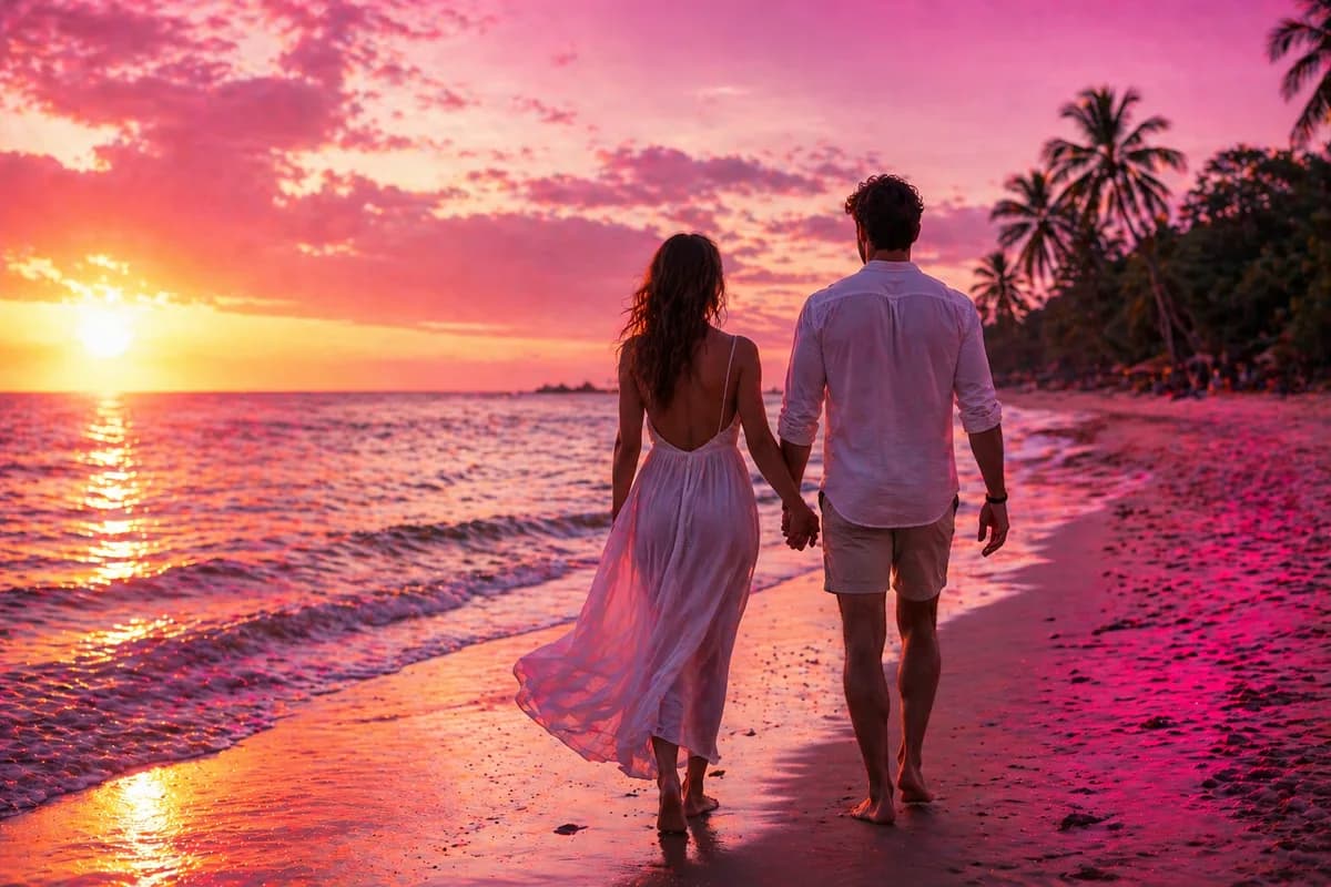 Pärchen am Strand bei Sonnenuntergang – die perfekte Auszeit